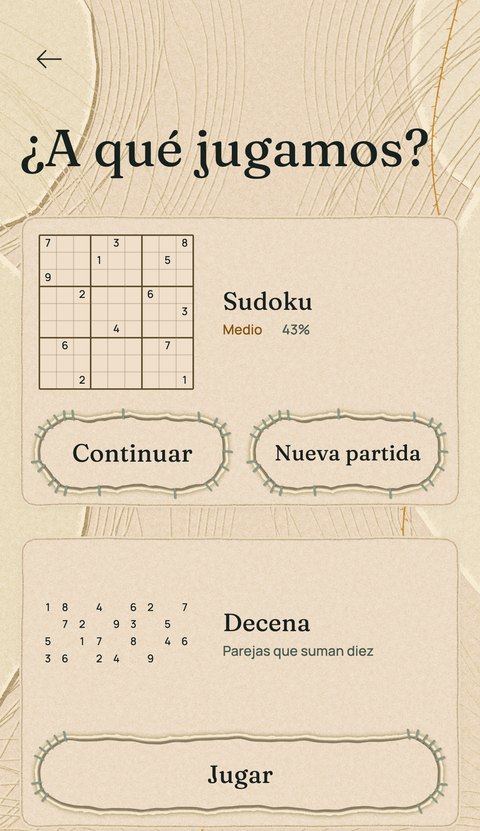 La pantalla «¿A qué jugamos?» de Losela, con Sudoku y Decena para elegir