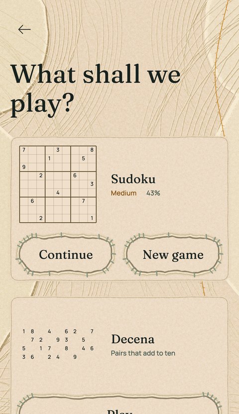 The “What shall we play?” screen in Losela, with Sudoku and Decena to choose from
